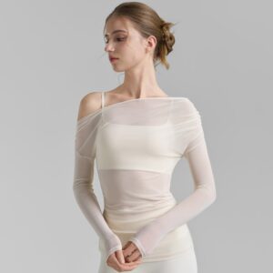 Oblique Shoulder Mesh Yoga Shirt Pleated Sports Top