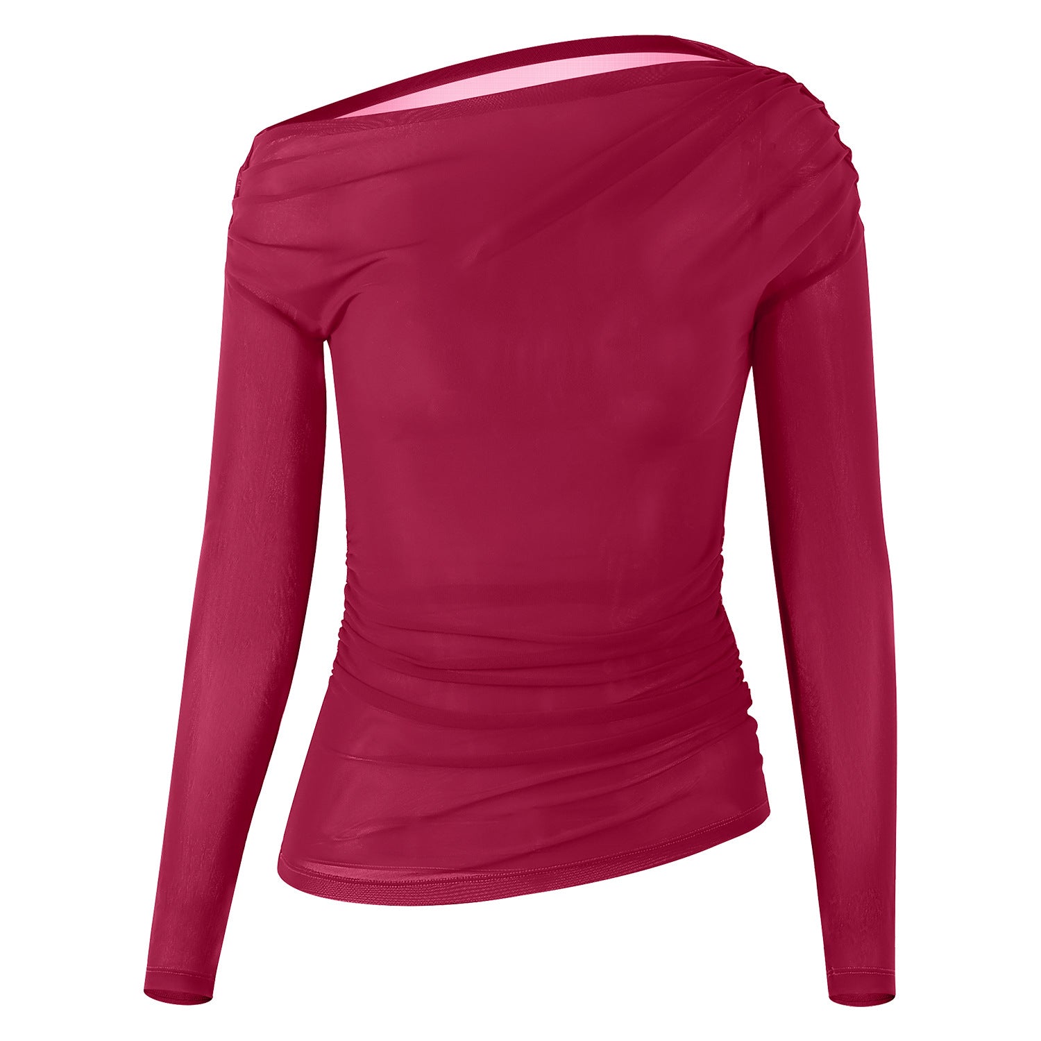 Oblique Shoulder Mesh Yoga Shirt Pleated Sports Top - Image 4